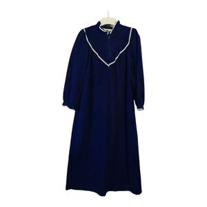 Vintage 70's Sears At Home Velour Robe Size Small 8/10 Navy Blue Long Zip Front